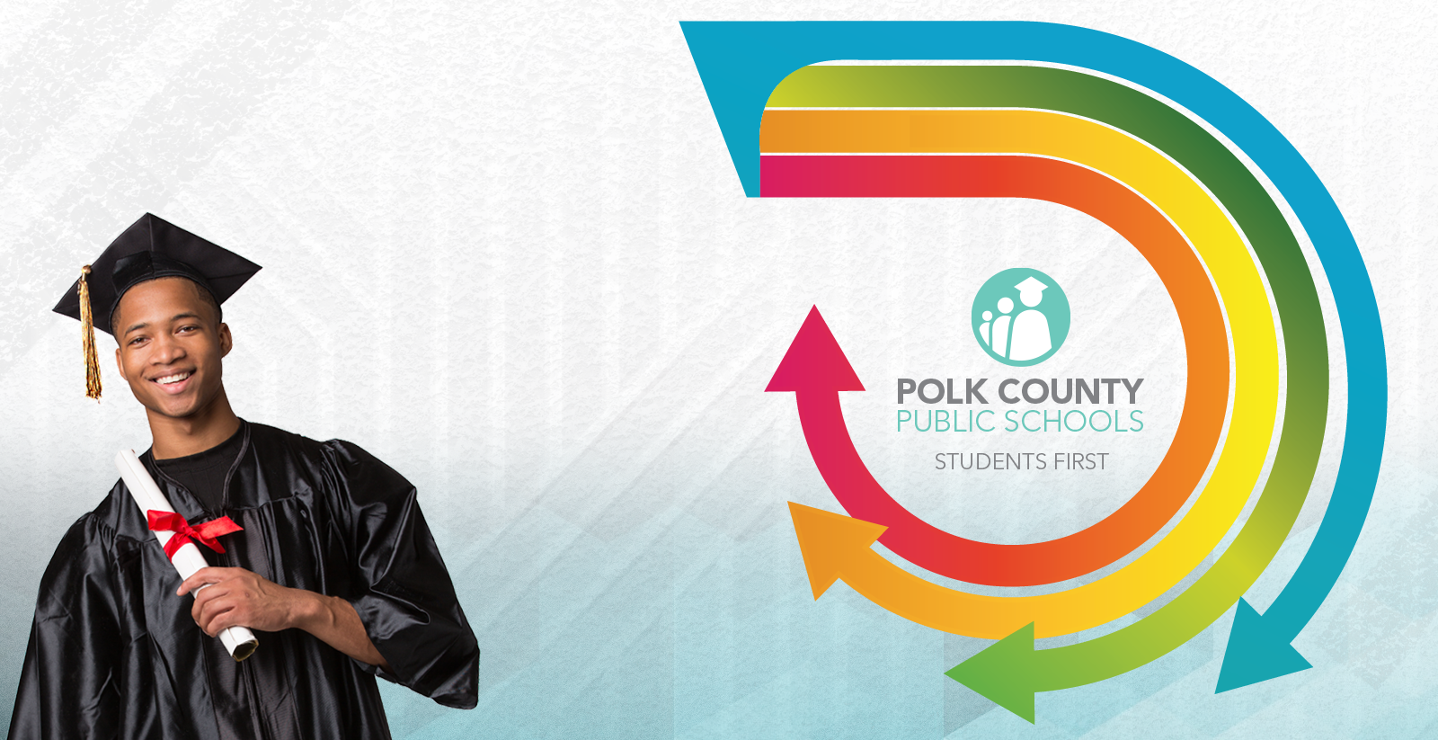 student in bottom left and district logo surrounded by arrows